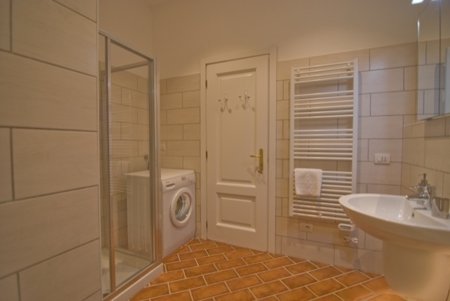 main bathroom with shower & washing machine